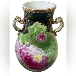 Antique Floral Vase With Gold Gilded Handles